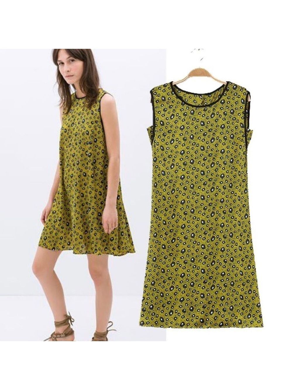 ZARA NEW Large A-line Swing Dress Pockets Yellow Navy Silky White Leopard Print